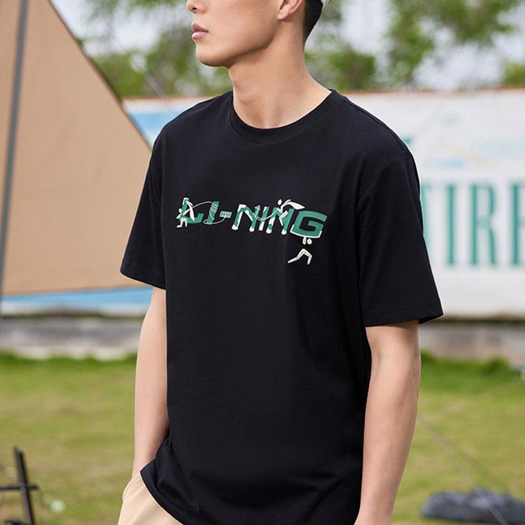 Li Ning Sports Fashion Series Letter Logo Round Neck Pullover Short Sleeve T-Shirt Unisex T-Shirt Black AHSSC35-1