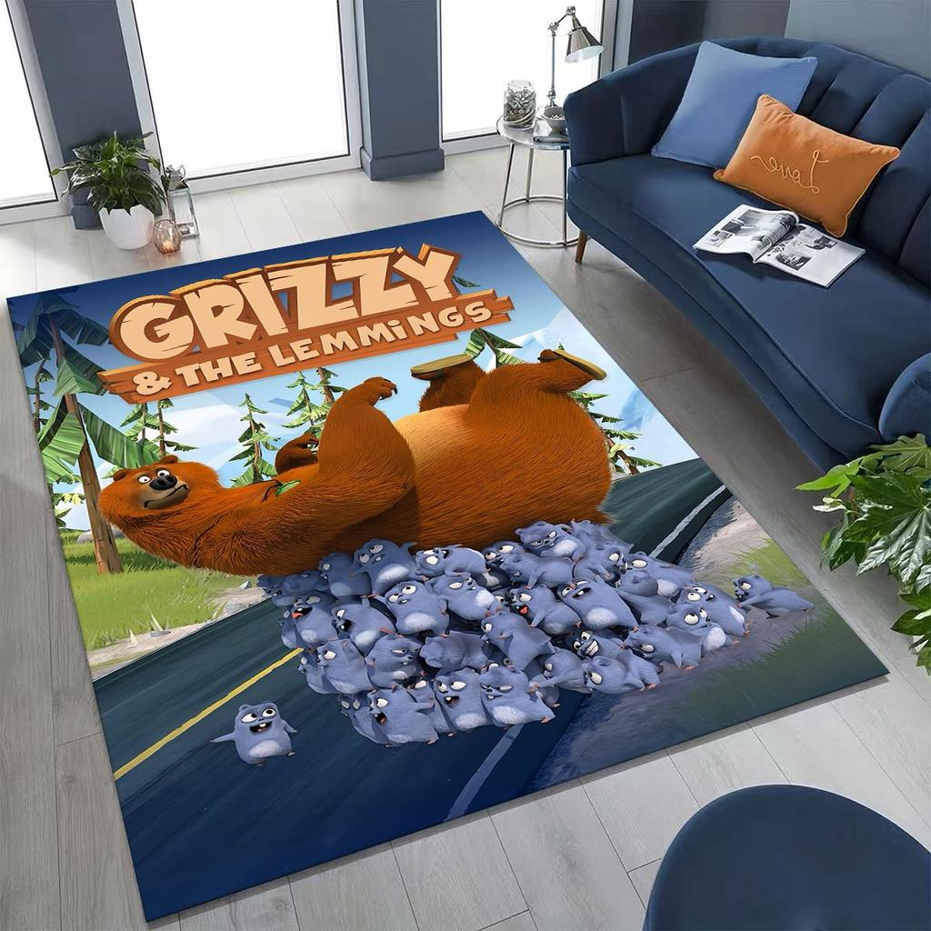 Covor amuzant Grizzy și Lemingii Desen Animat pentru Dormitor Sufragerie Canapea Preș de Intrare Decor, Covor Mare Non-alunecos pentru Joacă Copii