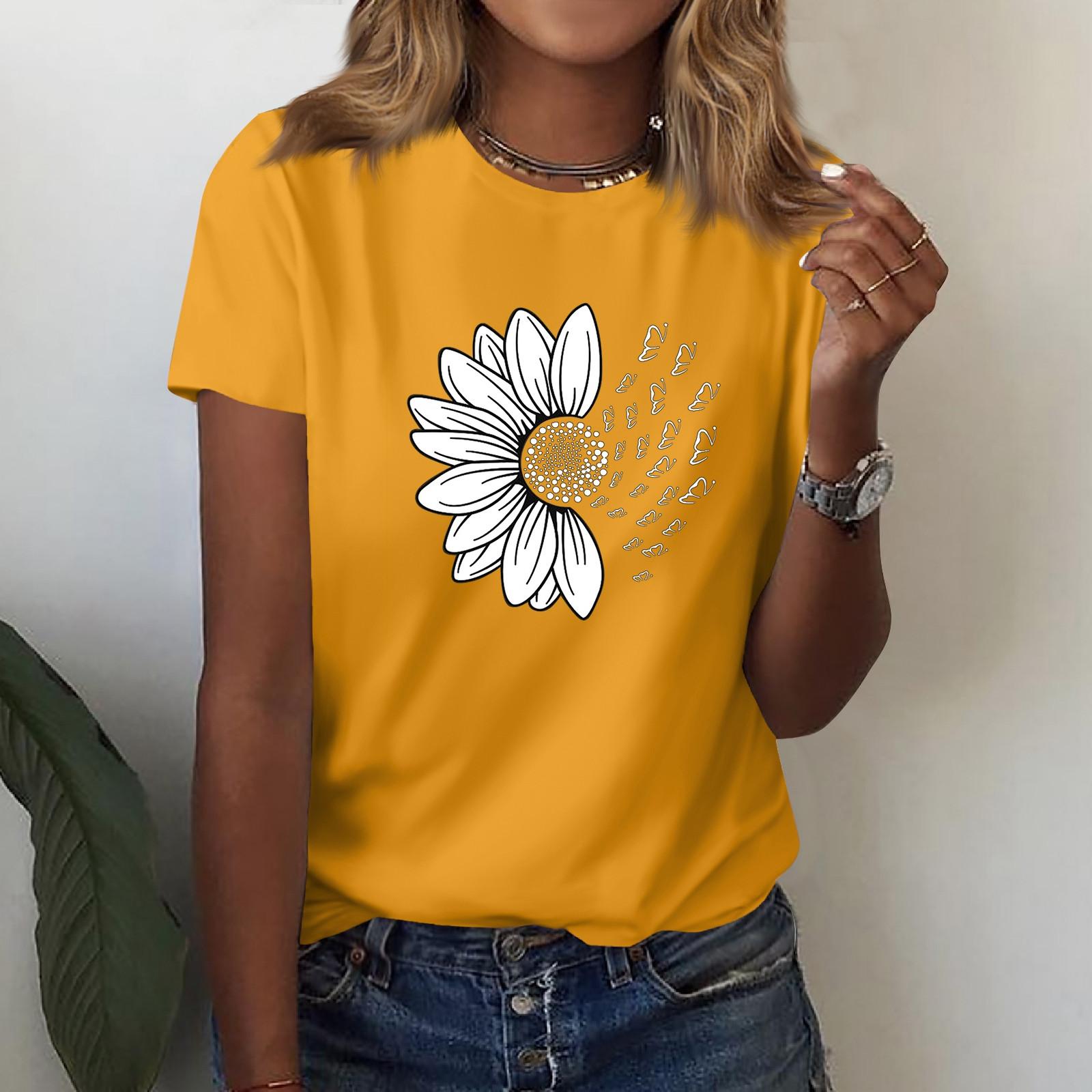 

Женская рубашка с короткими рукавами, v-образный вырез, модная футболка с принтом подсолнухов, повседневный топ, топ с короткими рукавами длиной до плеч S оранжевый