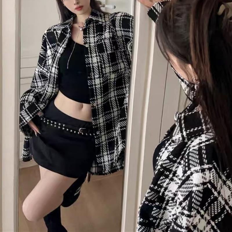 Women's Autumn/Winter Plaid Jacket - Korean Style Slimming Loose Fit POLO Collar Long Sleeve Shirt