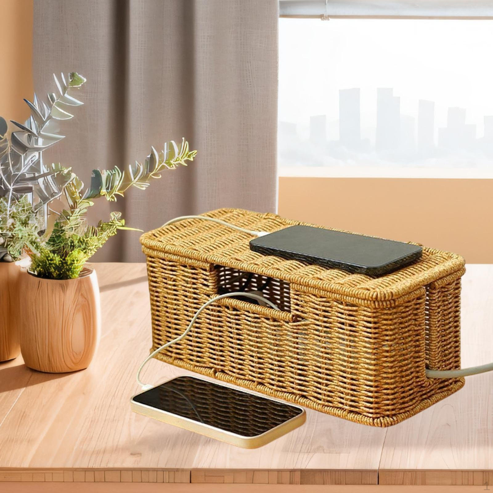 

Коробка для укладки кабелей, искусственный ротанговый органайзер для шнуров, организация хранения на столе для ПК, телевизора, пола 32x14x13cm 3 Slots