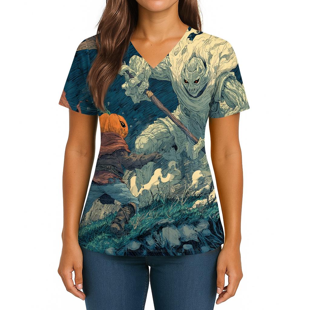 Damen Halloween Bedrucktes V-Ausschnitt Doppel-Taschen Kurzarm Saumschlitz Uniform Pflegekraft Oberteil