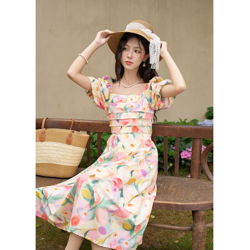 Квадратный вырез, платье миди с цветочным принтом, французский стиль S