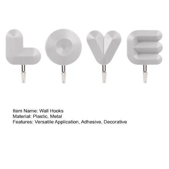 4Pcs/Set Letter Wall Decor Hooks Wall Mounted Love Hooks Waterproof Adhesive Bathroom Hooks for Entrance Bedroom Living Room