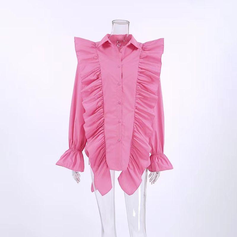 

New French style Lapel Frill Loose Design Shirts Flip Collar Lotus Leaf Shirt Pink L