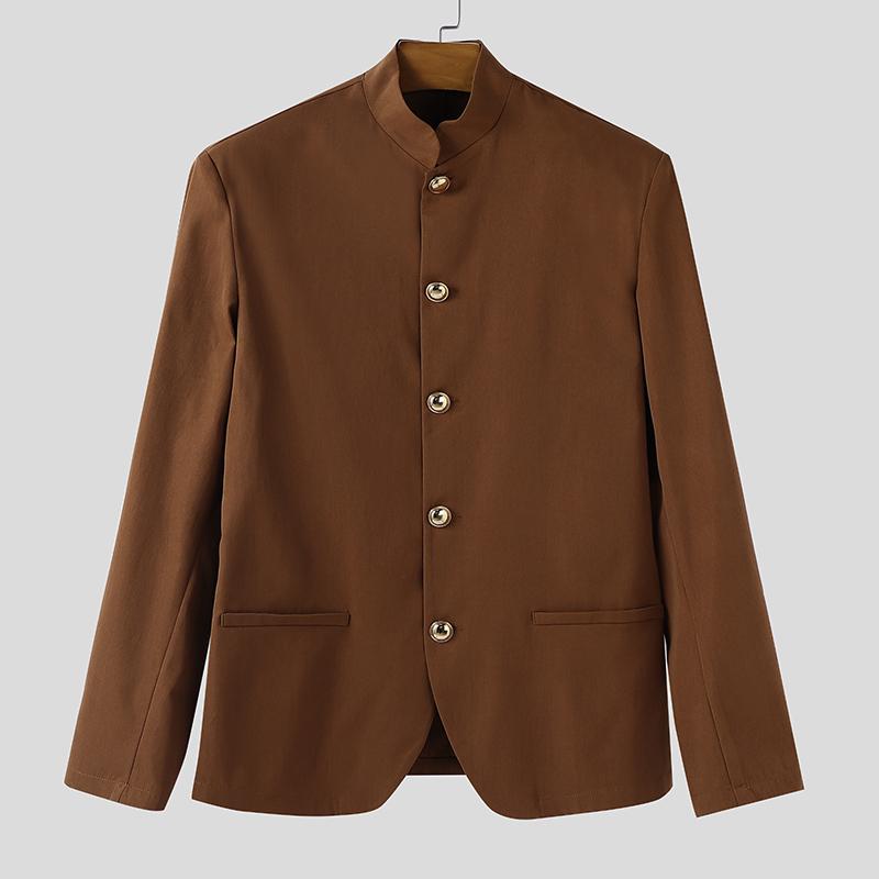 

INCERUN S-5XL Men Stand Neck Long Sleeve Buttons Casual Loose Solid Shirts 4XL коричневий