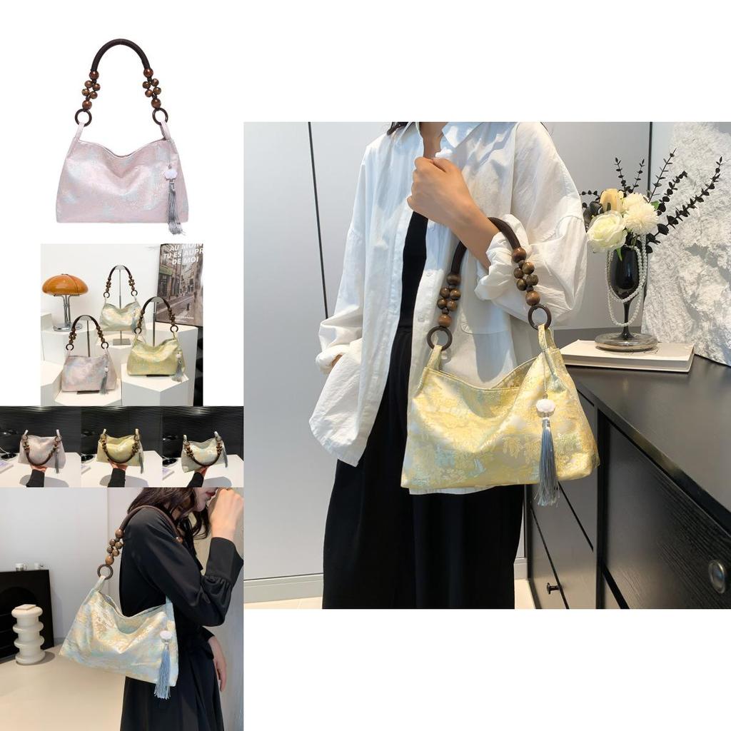 Stylish Silk Jacquard Tote Bag For Women With Elegant Vintage Design In Pink Yellow And White