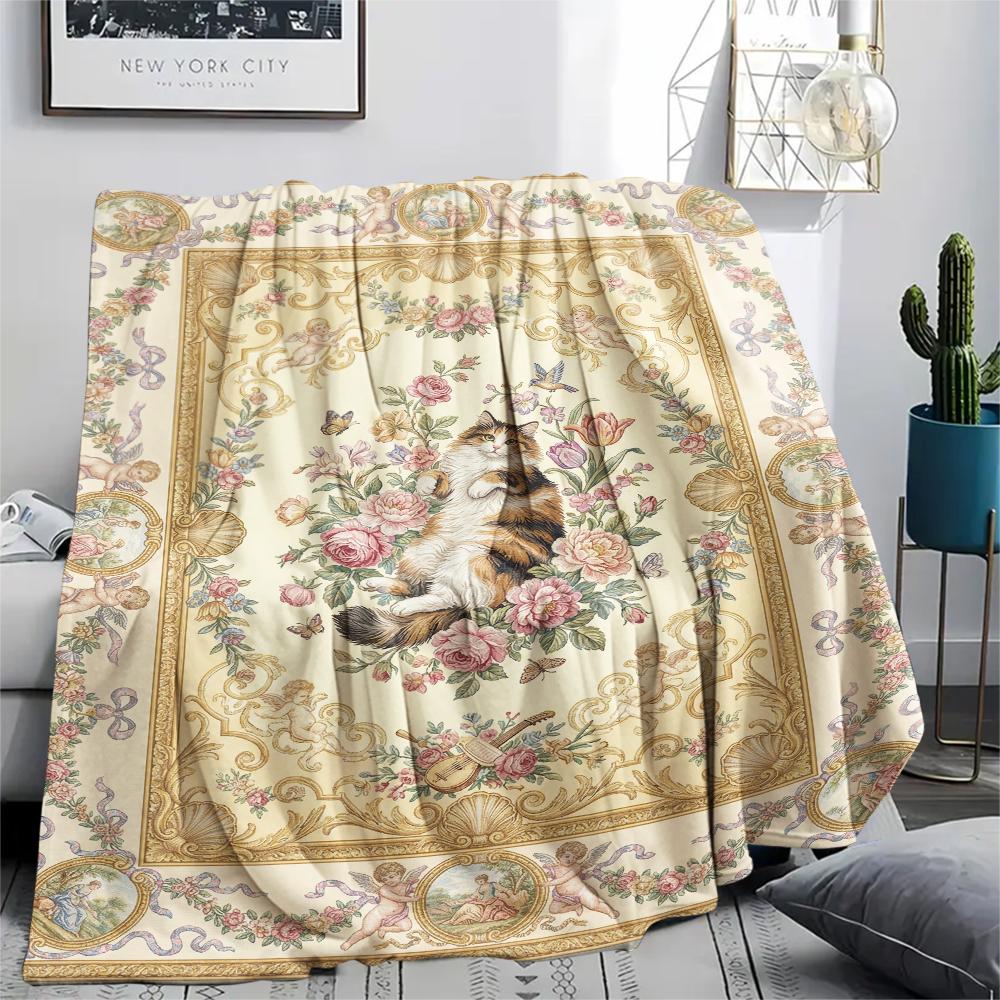 Cat Flower Print Flannel Blanket, High quality Comfortable for All Seasons, Home Decor, Warmth and Comfort, Perfect for Christmas Gifts43