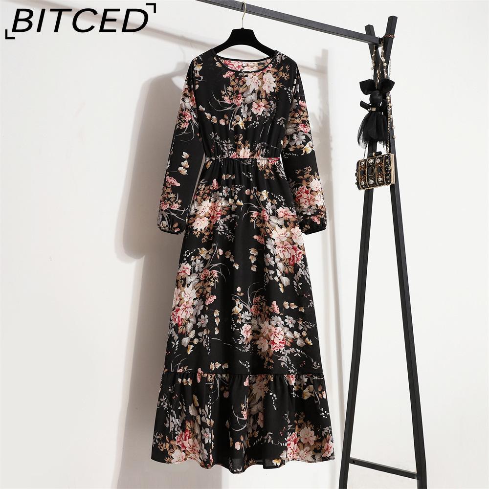 

BITCED Весна Лето Богемный Женское Макси Платье Повседневный Длинный Рукав Высокая Талия Пляжное Платье Женские Цветочные Шифоновые Платья Vestidoes Mujer Новинка XL