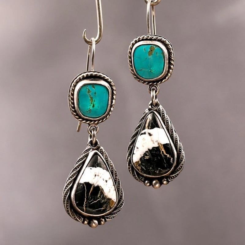 Hot Selling Women's Blue Resin Inlaid Retro Jewelry Metal Handmade Pendant Earrings