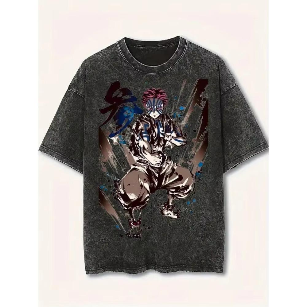 

Anime Devil Warrior Pattern T-shirt Retro Washed Street Style Fine Casual Sports Men s and Women s Short Sleeves 3XL