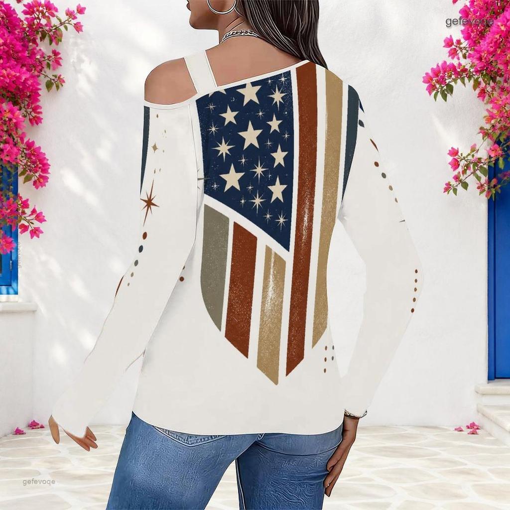 Women Plus Size Asymmetric Cutout Neck Cold Shoulder Long Sleeve Eagle Star Stripe Print Shirt