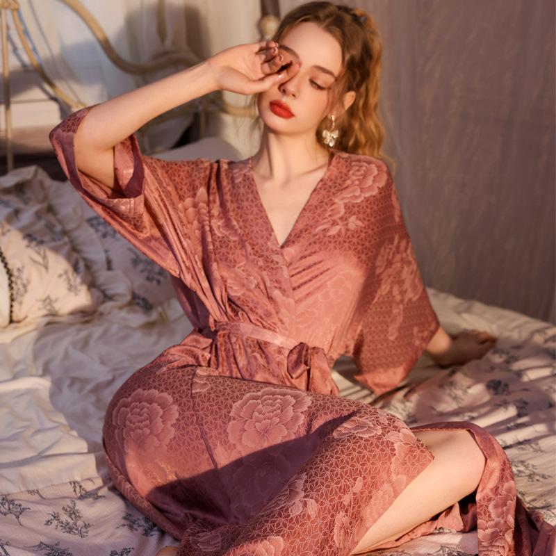 nightgown women's summer ice silk thin satin jacquard long retro sexy high-end spring and autumn bathrobe robe