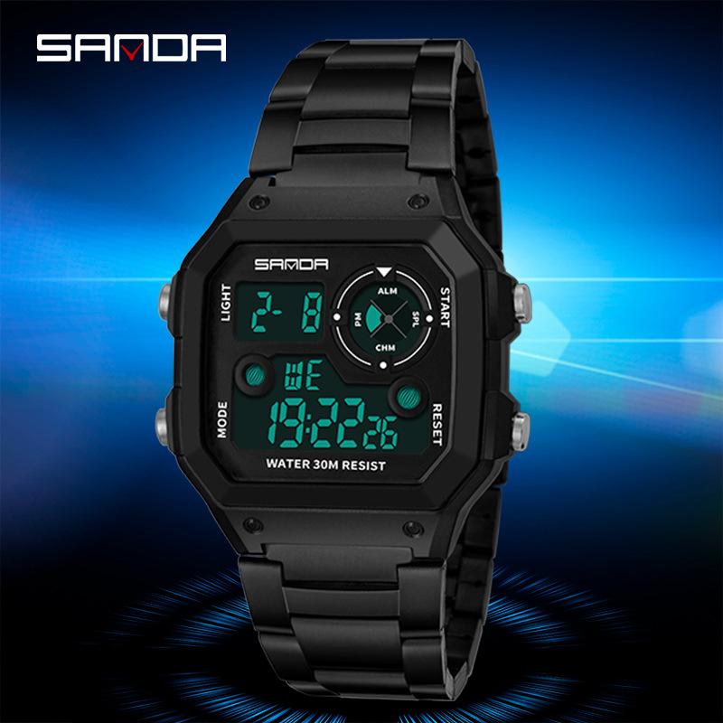 Sanda Men's Waterproof Multifunctional Digital Watch - Small Square, Steel Band