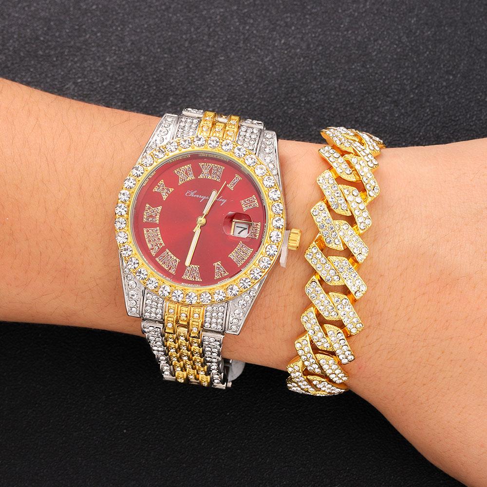 Iced Out red Color Watch Women's Luxury Rhinestone Cuban Chain Bracelet Watches Fashion Wrist Watch Hip Hop Jewelry new Men Gift