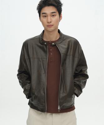 Placestudioman Vintage Track Washed Mandarin Collar Leather Jacket With Sleeve Cut-Out Details [Brown]