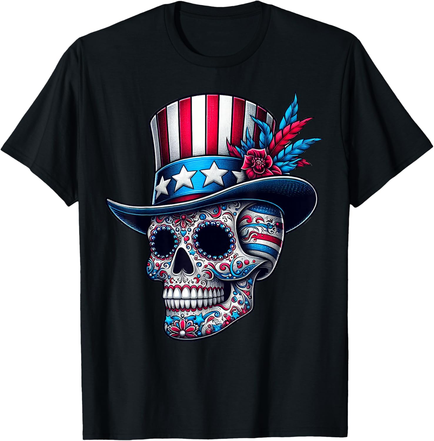 Independence Day USA Patriot Skull 4th of July Sugar Skull T-Shirt XXXL