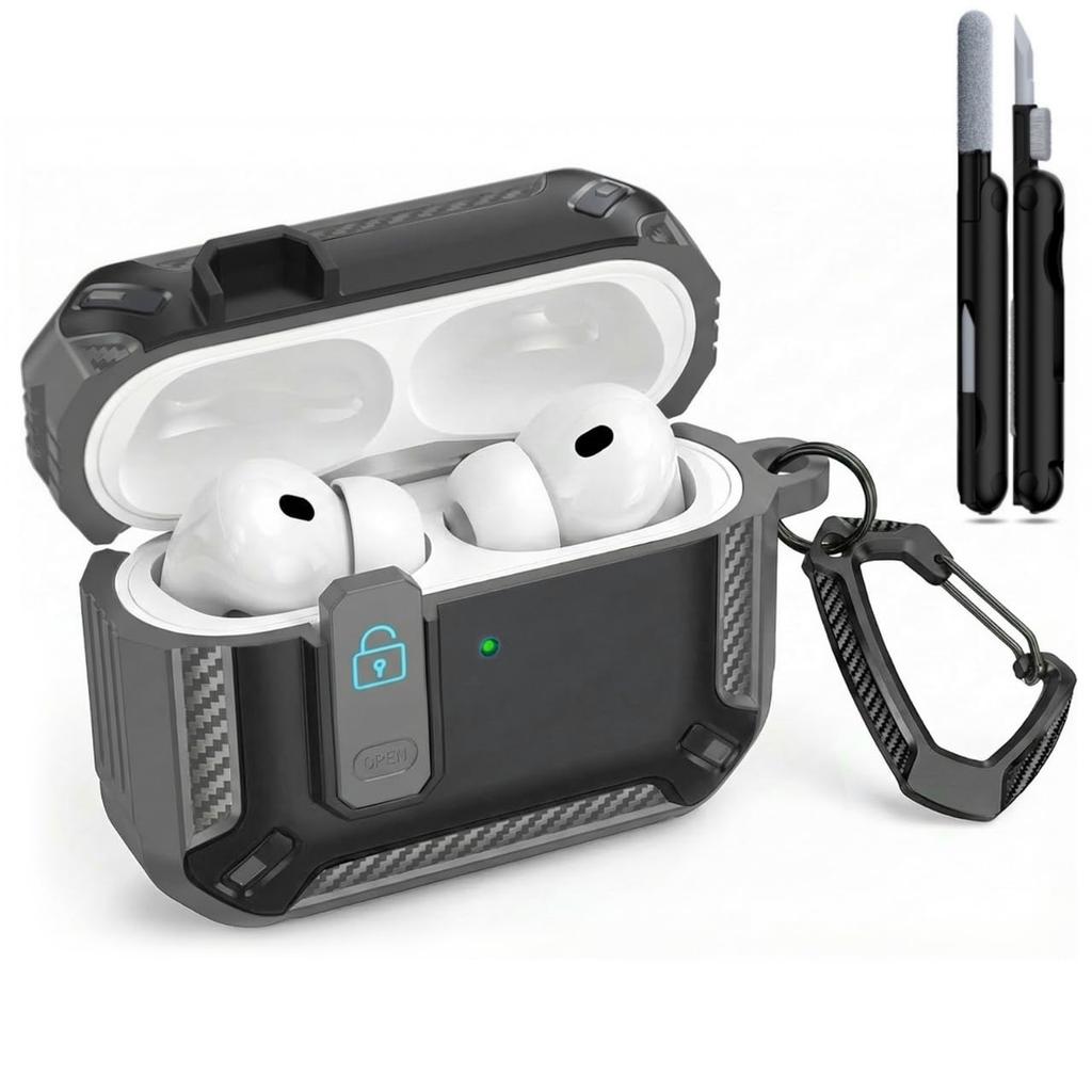 2026 for AirPods Pro 3 Case with Cleaning Kit Carbon Fiber Military Drop Proof Auto Pop up Case with Carabiner For AirPods Pro 3