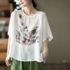 Womens Floral Print Linen Blend Loose Fit Short Sleeve Blouse
