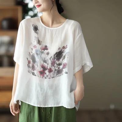 Womens Floral Print Linen Blend Loose Fit Short Sleeve Blouse
