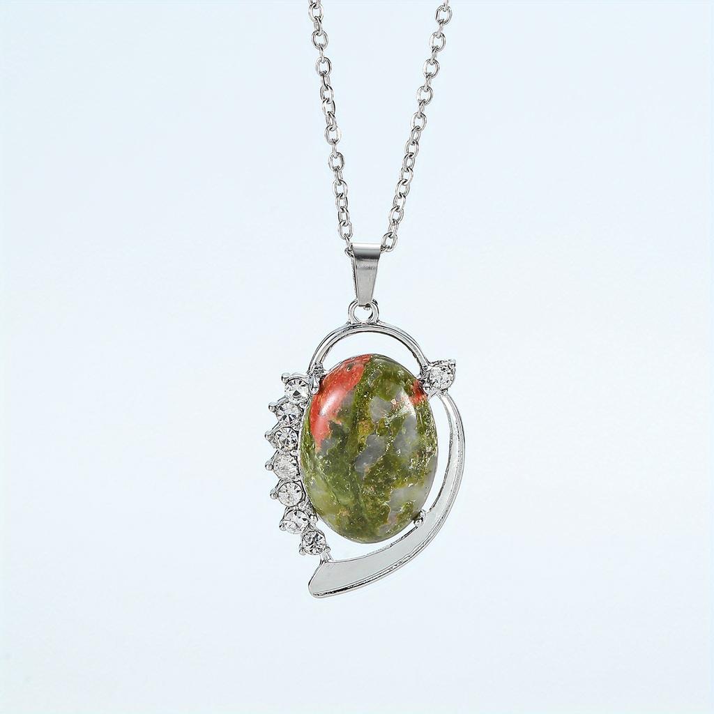 Natural Crystal Stone Pendants Necklaces Oval Bead Healing Pink Quartz Jewelry for Women Oval Shape Charms Metal Alloy Pendant