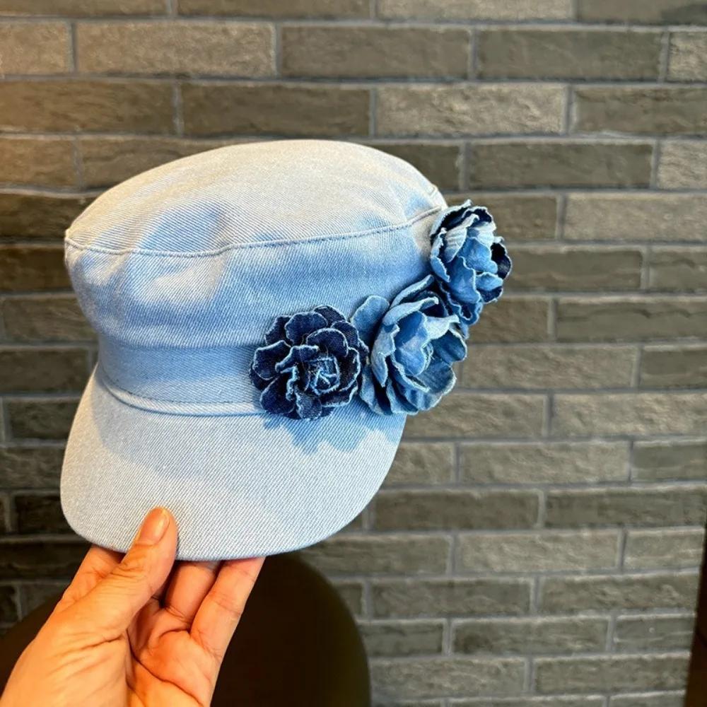 Fashion Beret Cap Sweet Cowboy Flat Top Navy Hat Cotton Big Flower Denim Octagonal Hats Sunshade Hat Student Hats
