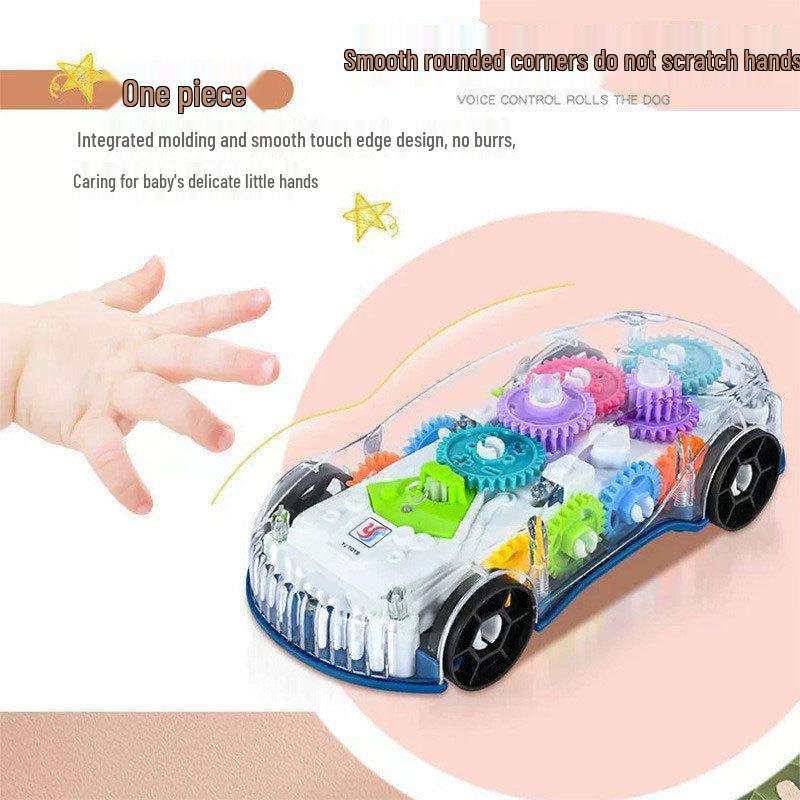 In Stock: Interactive Transparent Gear Racing Car – Omni-directional Walking, Lights, Music, Electric Toy for Children & Parents