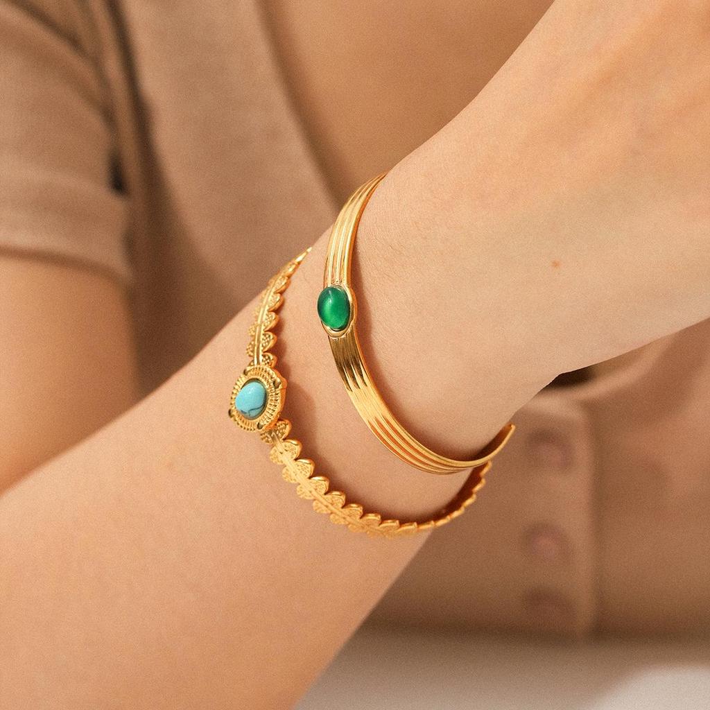 French Retro Malachite Stainless Steel Open Bangle - Non-fading Titanium Steel Women's Bracelet