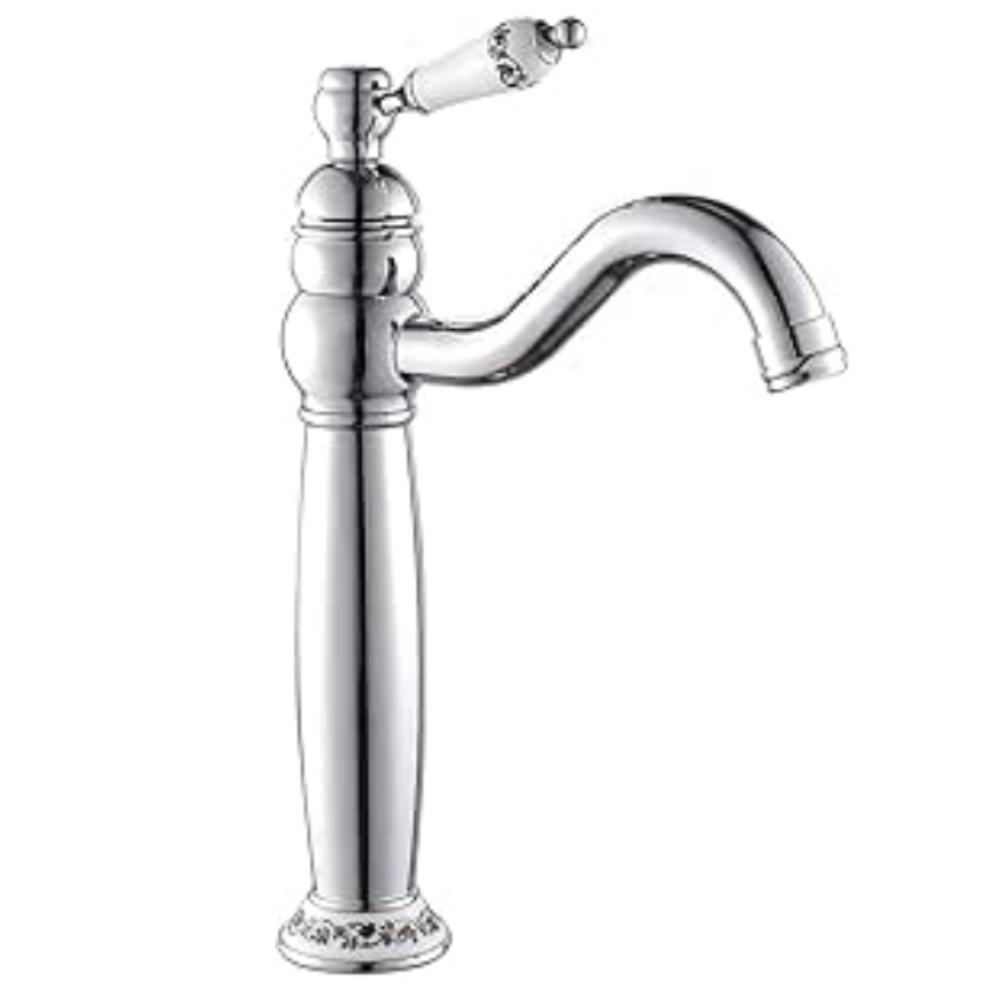 

Высокий классический латунный смеситель для раковины в ванной комнате с одним рычагом, высоким изливом и керамической ручкой для ванной комнаты, для горячей и холодной воды (Серебряный)