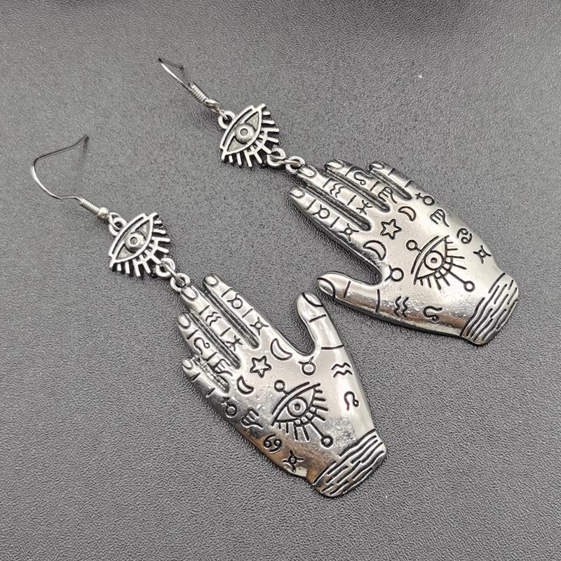 1 Çift Bohem Hamsa Eli Küpesi, İyi Şanslar için, Büyük Fatima Eli Küpesi, Nazar Küpesi, Modern Hippi, Gotik Boho