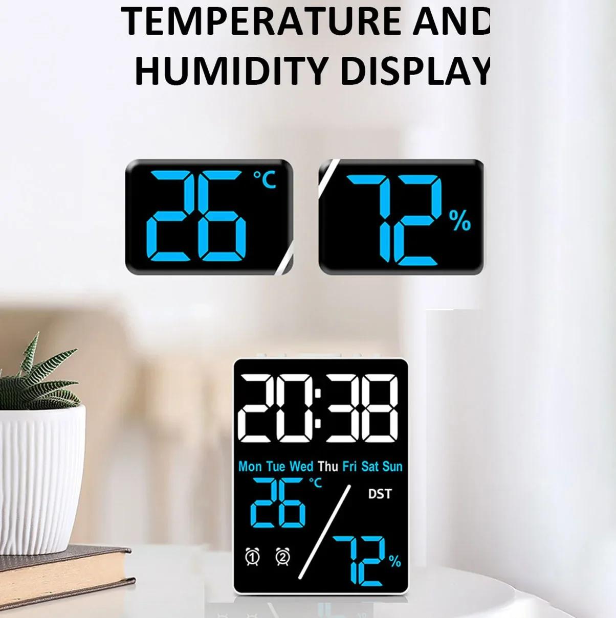 

Multifunctional Large Screen Digital Alarm Clock Humidity Display Brightness Adjustment Charging Desktop Clock Home Office Decor
