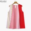 ZANZEA Women Summer Round Neck Colorblock Plaid Stripe A-Line Tanks