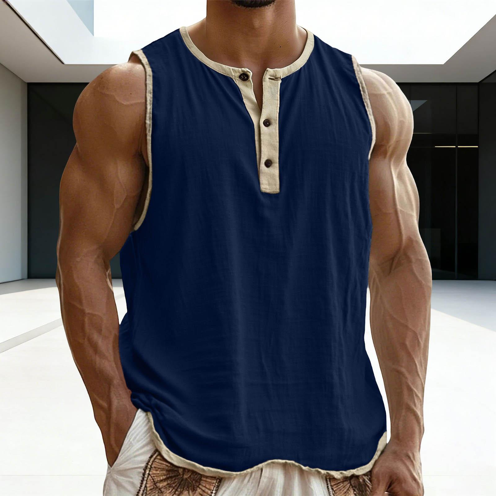 Men’s Sleeveless Henley Tank Top Casual Loose Fit Muscle Shirt Lightweight Button Front Summer Vest Top L