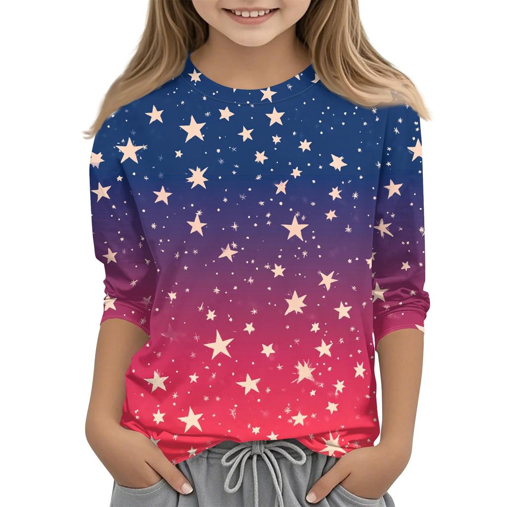 Barne 7/8-ermet trykket Independence Day crew-neck avslappet t-skjorte