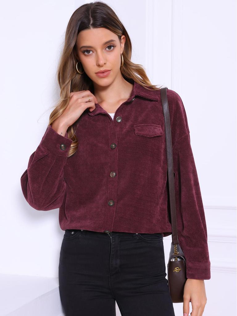 Allegra K Women's Corduroy Jacket, Button-Down Long Sleeve Oversized Casual Shirt, Burgundy, Size M