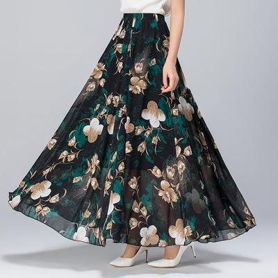 Damen-Sommer-Chiffon-Rock, lang, Übergröße, Bohemian-Stil, Blumenmuster, große Schaukel, weiblicher Strandrock, langer Rock, A-Linien-Rock