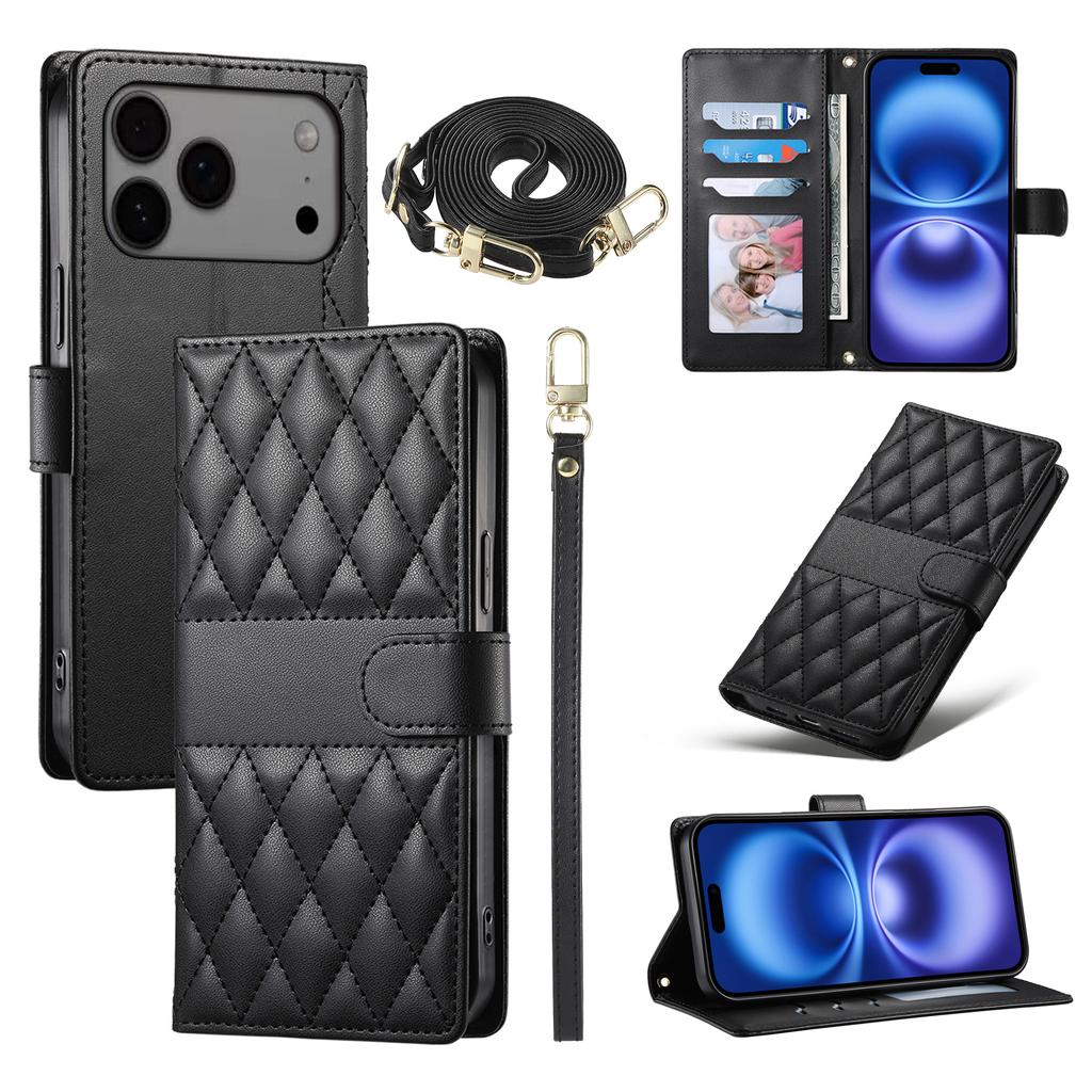 For iPhone 17 Pro Max Case Rhombus Stitching Wallet Stand Leather Phone Cover with Long/Short Strap