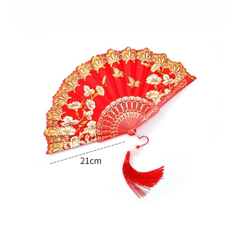 1 Stück Chinesischer Antiker Stil Blume Frauen Faltfächer mit Quastenfransen Hanfu Cheongsam Tanzfächer Foto-Requisiten Sommer Handfächer