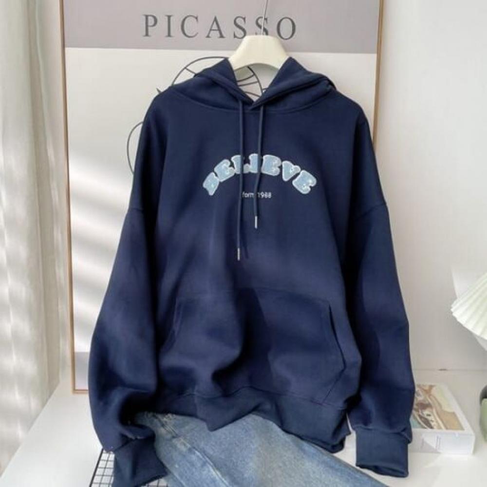 Navava Men Casual Loose Fit Pocket Lettering Long Sleeve Hoodie Nt3172
