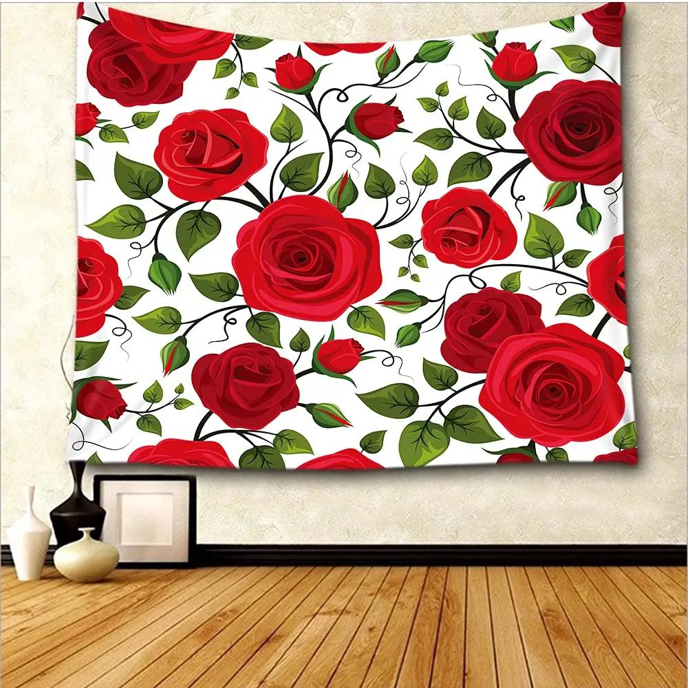 Red Rose Flower Plant Tapestry Botanical Nature Red and Black Tapestry for Bedroom Living Room Wall Decor