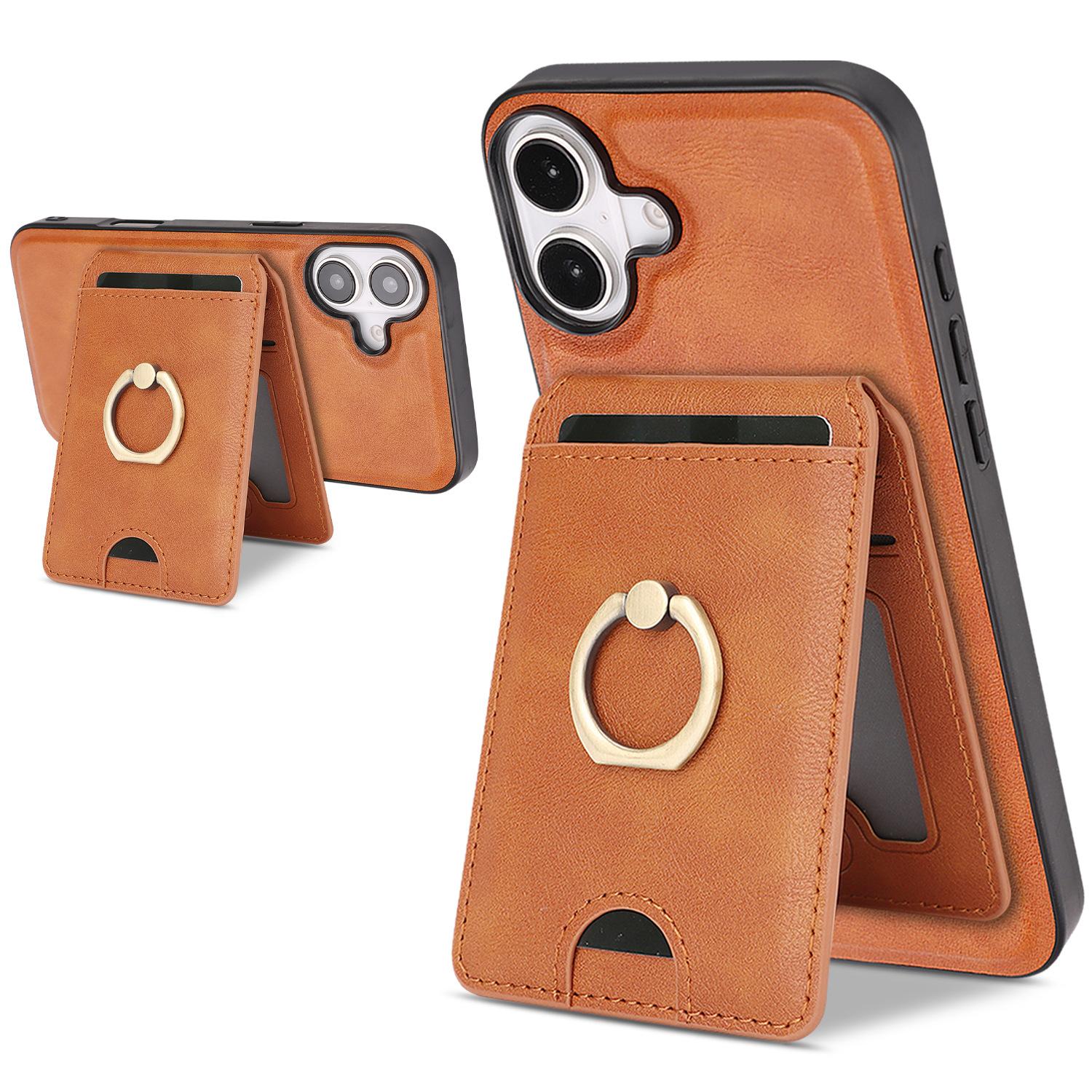 

Detachable Magnetic Card Wallet Leather Case for iPhone 16 Pro Max 17 Air 16e 15 14 13 12 Wireless Charging+Ring Holder Cover iPhone17 коричневый