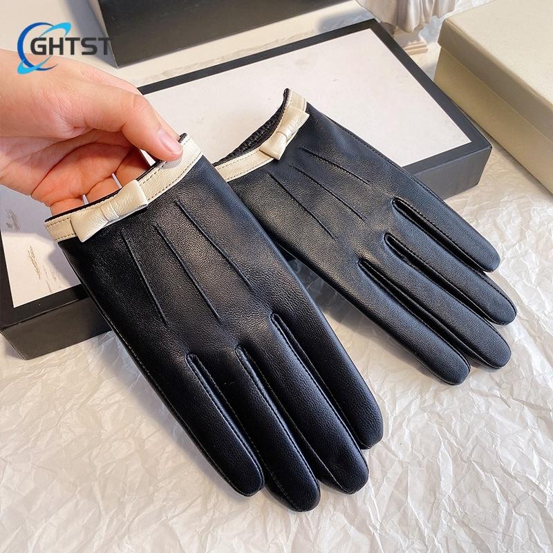 Black Simple Women Gloves Lambskin Leather Driving Gloves Fashion Bow Riding Fall Windproof Winter Warm Comfortable Gloves