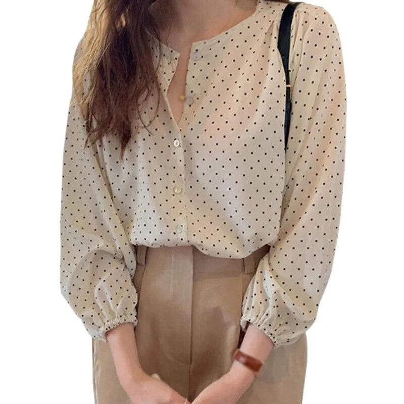 قمصان نسائية بلوزة شيفون بأكمام طويلة ورقبة دائرية وصدر واحد