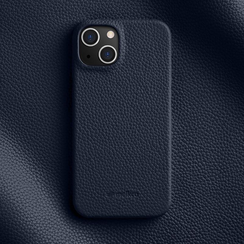 

MELKCO For iPhone 14 Genuine Cow Leather Coated PC Back Cover Anti-drop Phone Case Dark Blue