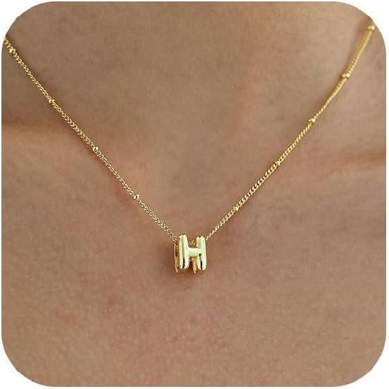 Bubble Letter Necklace Gold, Dainty Initial Necklaces for Women 14K Gold Plated Small A to Z Name Necklace Personalized Simple Initial Pendant Cute H