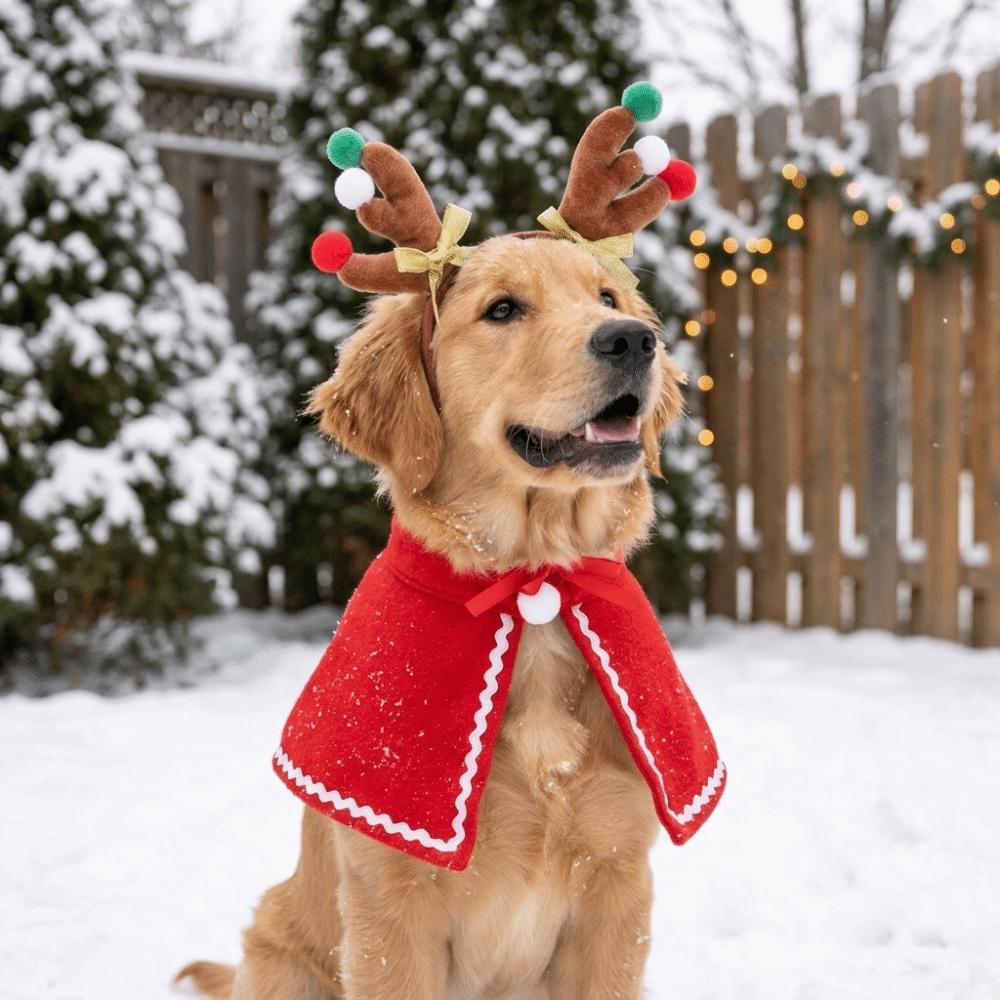 2PCS/Set Lightweight Dog Antlers Headband Warm Pet Christmas Cloak Set Pet Holiday Outfit Pet Party