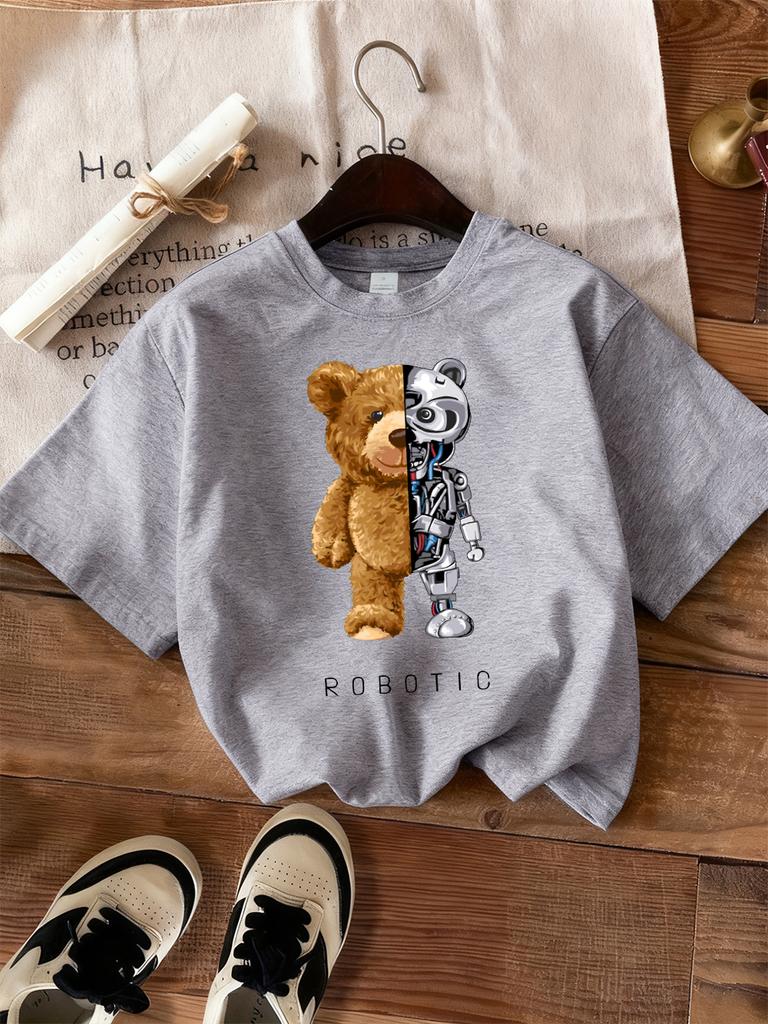 Plush And Robotic Bear Prints T-Shirts Women Casual Loose Short Sleeve Tops Soft O-Neck T Shirt Summer Comfortable Woman Clothes