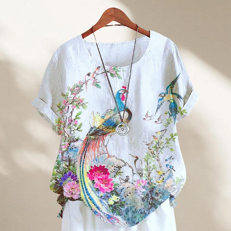 European and American Women's Clothing 1116 Spring and Summer New Product Printing Retro Cotton and Linen Short-sleeved T-shirt Top Women