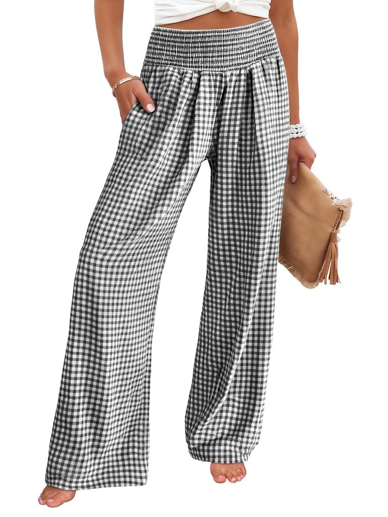Women's High Waist Elastic Waistband Wide Leg Pants Multi Color and Pattern Plaid and Solid Options