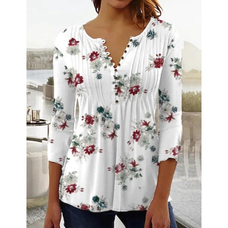 Spring and Summer Women's Blouse Fashion New Women's Floral Print V-neck Short-sleeved Pleated Buttons T-shirt